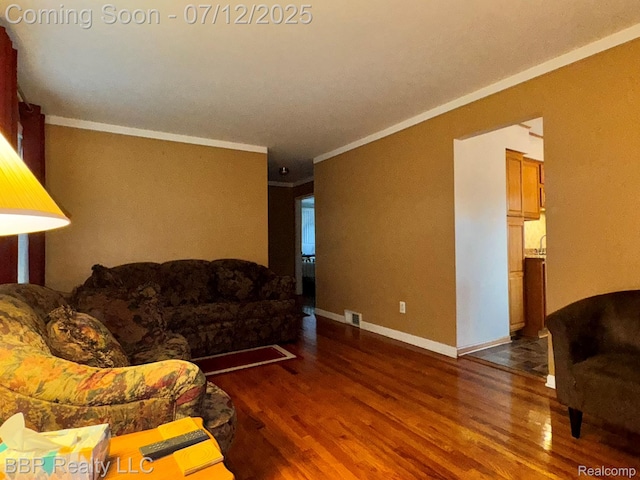 32120 Glen St, Westland, MI 48186 - living room with dark wood-style floors and ornamental molding