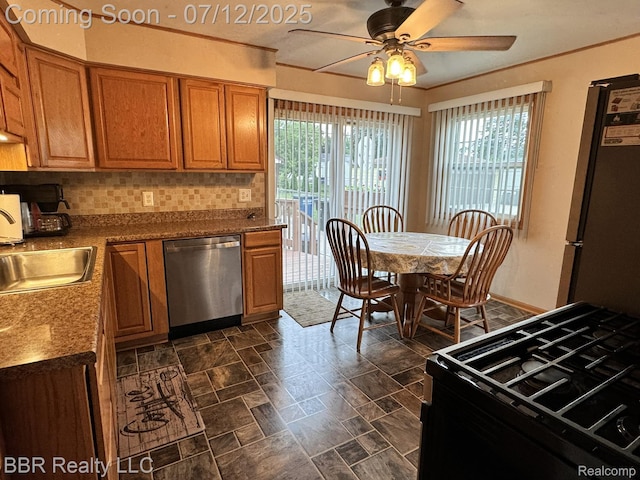 32120 Glen St, Westland, MI 48186 - kitchen featuring stainless steel appliances, a ceiling fan, brown cabinets, backsplash, and dark countertops