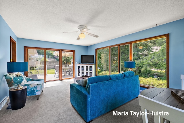 16205 Suffolk Dr, Spring Lake, MI 49456 - carpeted living area featuring a ceiling fan and a textured ceiling