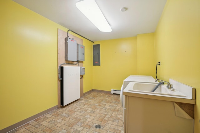 2373 Belgrade Notch St, Ann Arbor, MI 48103 - washroom featuring electric panel, brick patterned flooring, and a baseboard radiator