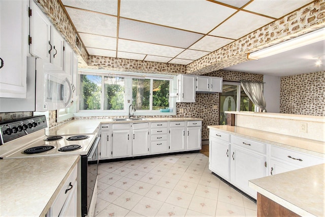 258 Division St, Eastlake, MI 49626 - kitchen featuring electric range oven, white microwave, light countertops, and white cabinets