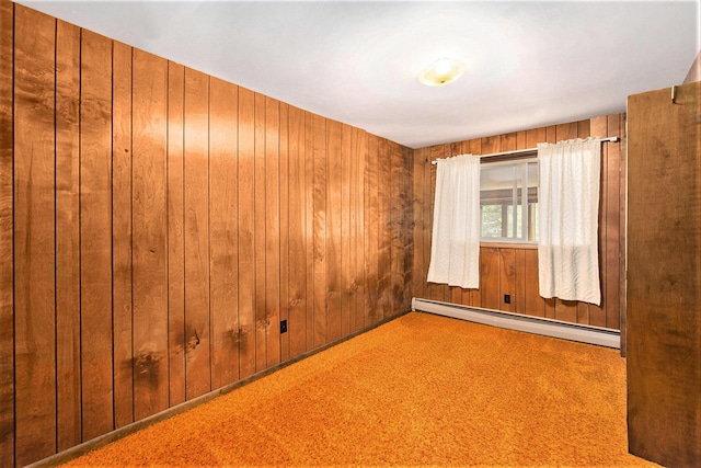 258 Division St, Eastlake, MI 49626 - spare room featuring a baseboard radiator, wood walls, and carpet flooring