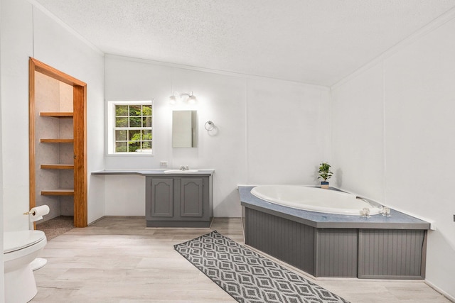 2141 S Parsons Ave, Fremont, MI 49412 - bathroom with a garden tub, vanity, wood finished floors, crown molding, and a textured ceiling