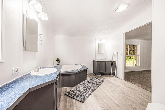 2141 S Parsons Ave, Fremont, MI 49412 - full bath with crown molding, two vanities, a garden tub, wood finished floors, and a textured ceiling