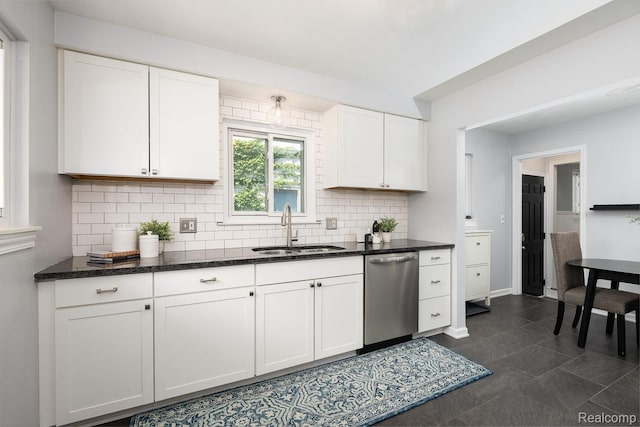 3410 N Main St, Royal Oak, MI 48073 - kitchen with stainless steel dishwasher, backsplash, white cabinetry, and dark stone countertops
