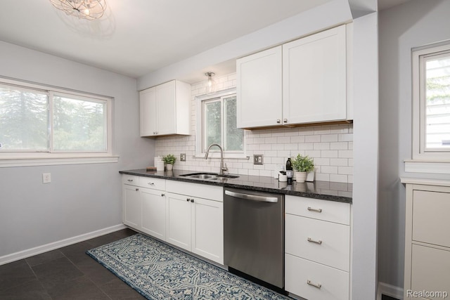 3410 N Main St, Royal Oak, MI 48073 - kitchen with dishwasher, decorative backsplash, white cabinets, and dark stone countertops