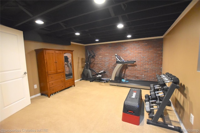1983 Graefield Rd, Birmingham, MI 48009 - exercise area with carpet floors, brick wall, recessed lighting, and ornamental molding