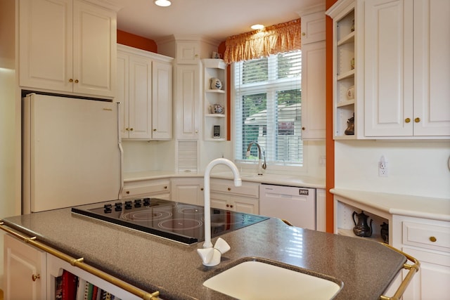 5 Mission Rdg, Frankenmuth, MI 48734 - kitchen featuring open shelves, white appliances, dark countertops, white cabinetry, and recessed lighting
