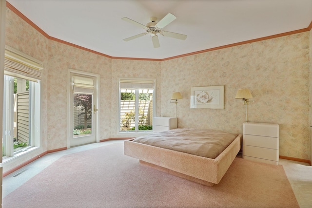 5 Mission Rdg, Frankenmuth, MI 48734 - carpeted bedroom featuring multiple windows, wallpapered walls, ornamental molding, access to outside, and ceiling fan