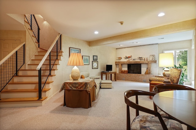 5 Mission Rdg, Frankenmuth, MI 48734 - living area with carpet floors, stairs, recessed lighting, and a brick fireplace