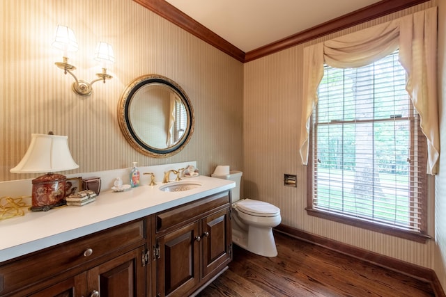 144 Barton N Dr, Ann Arbor, MI 48105 - bathroom with ornamental molding, wood finished floors, vanity, and wallpapered walls