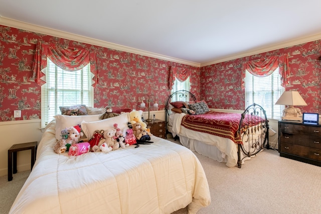 144 Barton N Dr, Ann Arbor, MI 48105 - carpeted bedroom featuring wallpapered walls and ornamental molding