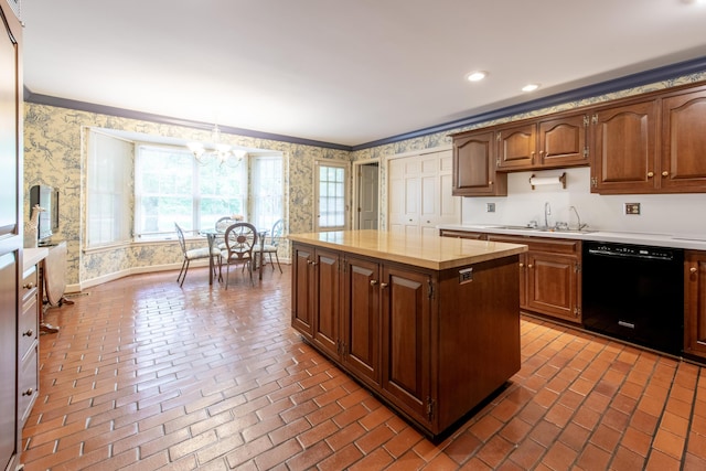 144 Barton N Dr, Ann Arbor, MI 48105 - kitchen with black dishwasher, wallpapered walls, light countertops, a chandelier, and ornamental molding