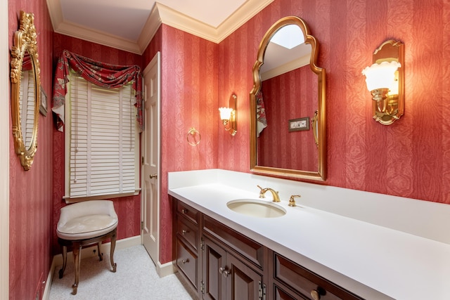 144 Barton N Dr, Ann Arbor, MI 48105 - bathroom featuring vanity, crown molding, and wallpapered walls