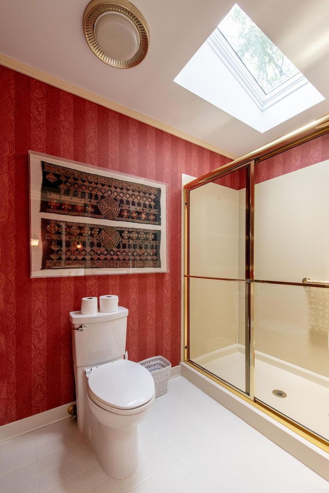 144 Barton N Dr, Ann Arbor, MI 48105 - full bath with wallpapered walls, a skylight, a shower stall, and tile patterned flooring