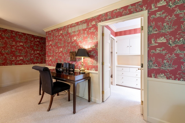 144 Barton N Dr, Ann Arbor, MI 48105 - carpeted office with wainscoting, ornamental molding, and wallpapered walls