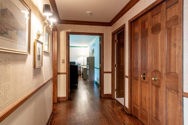 144 Barton N Dr, Ann Arbor, MI 48105 - hallway featuring crown molding, dark wood finished floors, and wallpapered walls