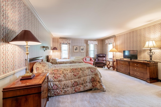 144 Barton N Dr, Ann Arbor, MI 48105 - bedroom with wallpapered walls, crown molding, and carpet flooring