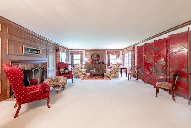 144 Barton N Dr, Ann Arbor, MI 48105 - carpeted living room featuring a brick fireplace and crown molding