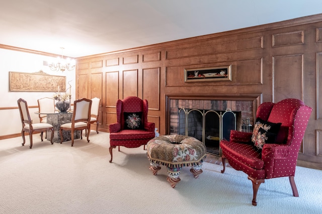 144 Barton N Dr, Ann Arbor, MI 48105 - living area featuring a chandelier, carpet, and a fireplace