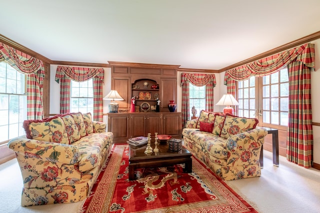 144 Barton N Dr, Ann Arbor, MI 48105 - living room with carpet, healthy amount of natural light, and ornamental molding