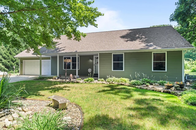 69291 Brush Trl, Niles, MI 49120 - view of front of property with a garage, a front yard, covered porch, concrete driveway, and roof with shingles