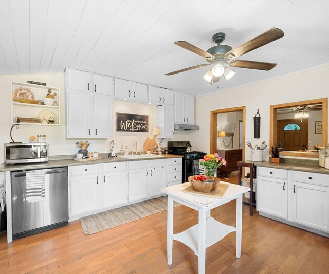 278 E Southern Rd, Coldwater, MI 49036 - kitchen with stainless steel appliances, a ceiling fan, under cabinet range hood, white cabinetry, and wood ceiling