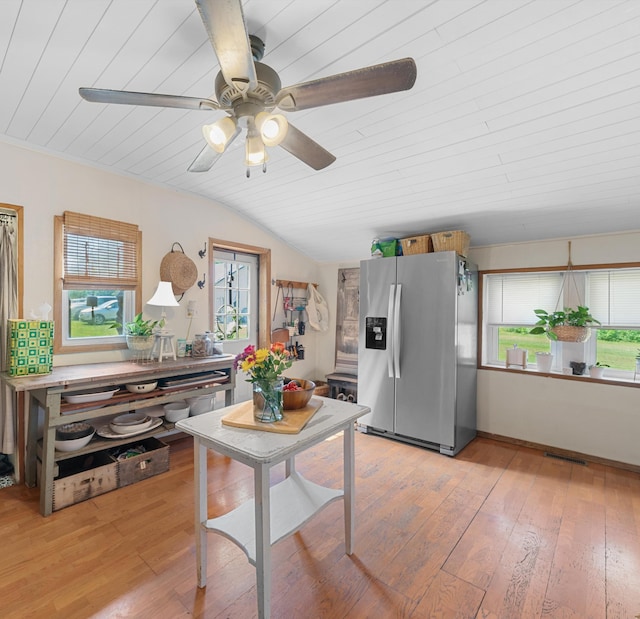 278 E Southern Rd, Coldwater, MI 49036 - kitchen featuring stainless steel refrigerator with ice dispenser, wooden ceiling, light wood-style flooring, a ceiling fan, and lofted ceiling