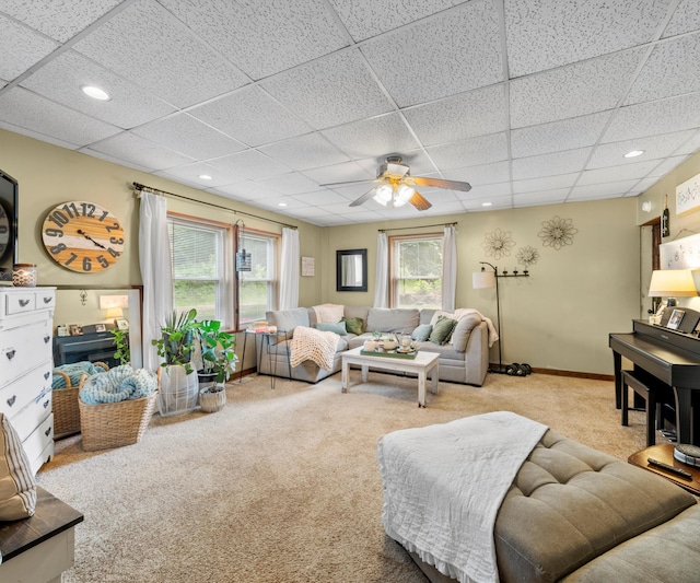 278 E Southern Rd, Coldwater, MI 49036 - carpeted living area featuring a paneled ceiling, healthy amount of natural light, a ceiling fan, and recessed lighting