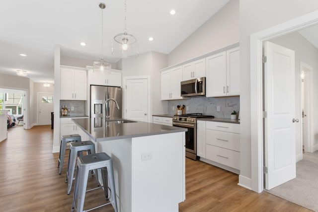 1519 Eagle Shore Ct, Hudsonville, MI 49426 - kitchen featuring stainless steel appliances, a kitchen bar, light wood-style floors, dark countertops, and recessed lighting