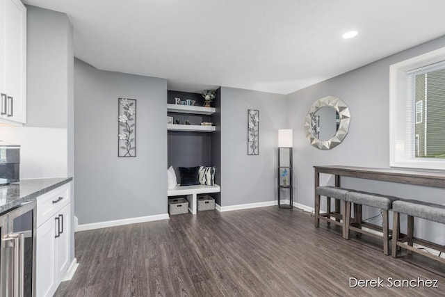 5845 Nile Dr SW, Wyoming, MI 49418 - living room featuring beverage cooler, dark wood-style floors, recessed lighting, and built in shelves