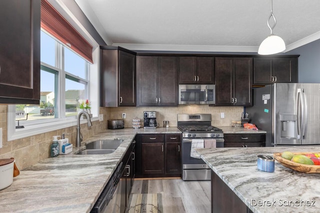 5845 Nile Dr SW, Wyoming, MI 49418 - kitchen featuring stainless steel appliances, dark brown cabinets, light stone counters, decorative light fixtures, and crown molding