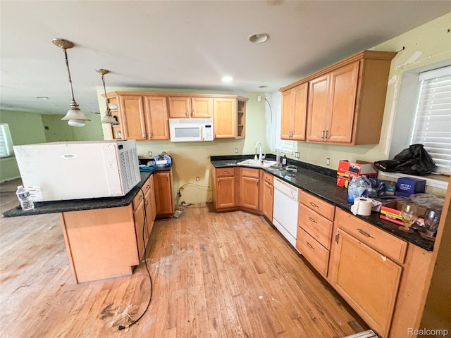 7889 Chilson Rd, Hamburg, MI 48169 - kitchen with white appliances, open shelves, light wood finished floors, dark countertops, and hanging light fixtures