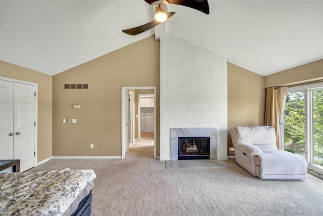 584 Cambridge Way, Bloomfield Hills, MI 48304 - carpeted bedroom with a premium fireplace, a ceiling fan, beamed ceiling, and high vaulted ceiling