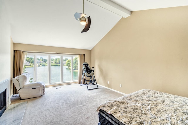 584 Cambridge Way, Bloomfield Hills, MI 48304 - carpeted bedroom with a fireplace with flush hearth, a water view, and ceiling fan