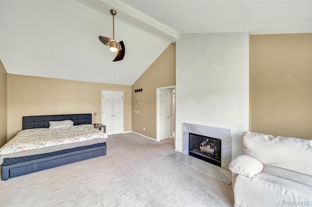 584 Cambridge Way, Bloomfield Hills, MI 48304 - carpeted bedroom featuring beamed ceiling, a premium fireplace, ceiling fan, a closet, and high vaulted ceiling