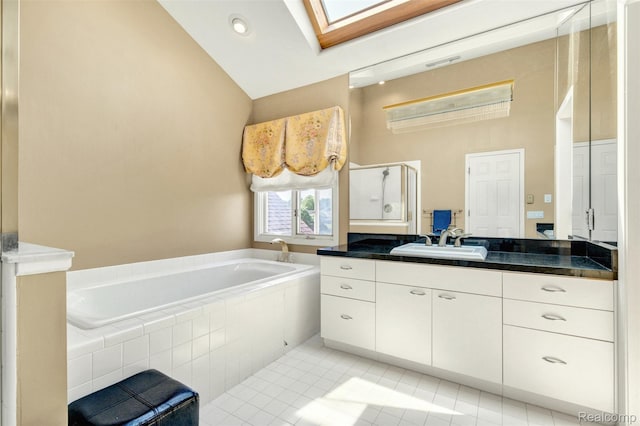 584 Cambridge Way, Bloomfield Hills, MI 48304 - full bath with vanity, a bath, tile patterned floors, a stall shower, and high vaulted ceiling