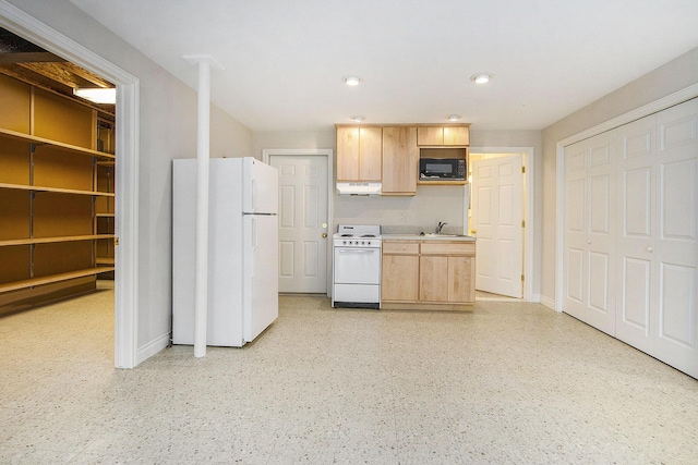 436 Pine Brae St, Ann Arbor, MI 48105 - kitchen with white appliances, light brown cabinets, under cabinet range hood, light countertops, and recessed lighting