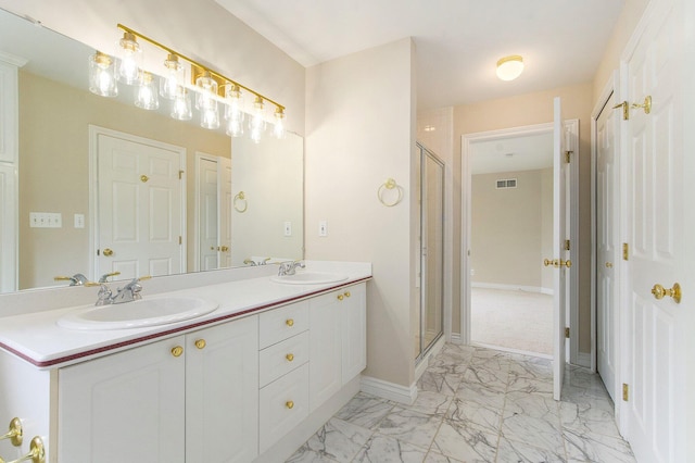 436 Pine Brae St, Ann Arbor, MI 48105 - bathroom with double vanity, marble look tile flooring, and a stall shower