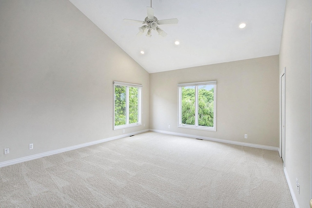 436 Pine Brae St, Ann Arbor, MI 48105 - empty room with high vaulted ceiling, light colored carpet, recessed lighting, and ceiling fan