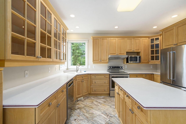 436 Pine Brae St, Ann Arbor, MI 48105 - kitchen featuring stainless steel appliances, under cabinet range hood, light countertops, recessed lighting, and glass insert cabinets