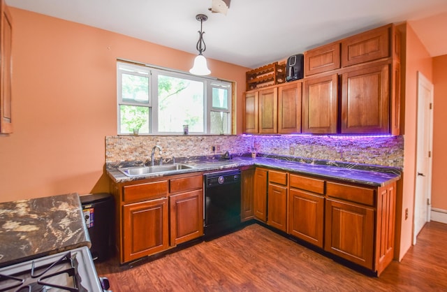 500 W Chicago St, Coldwater, MI 49036 - kitchen with dishwasher, tasteful backsplash, brown cabinetry, dark wood-style flooring, and range with gas cooktop