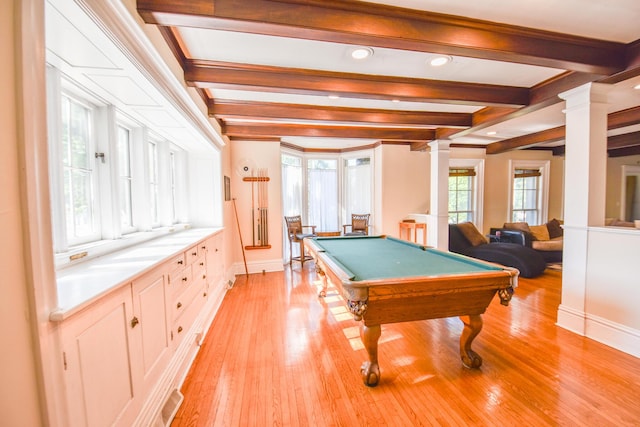 500 W Chicago St, Coldwater, MI 49036 - recreation room with billiards, beam ceiling, ornate columns, light wood-type flooring, and recessed lighting