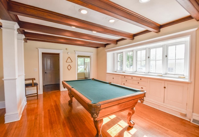500 W Chicago St, Coldwater, MI 49036 - recreation room featuring billiards, beamed ceiling, light wood-type flooring, decorative columns, and recessed lighting