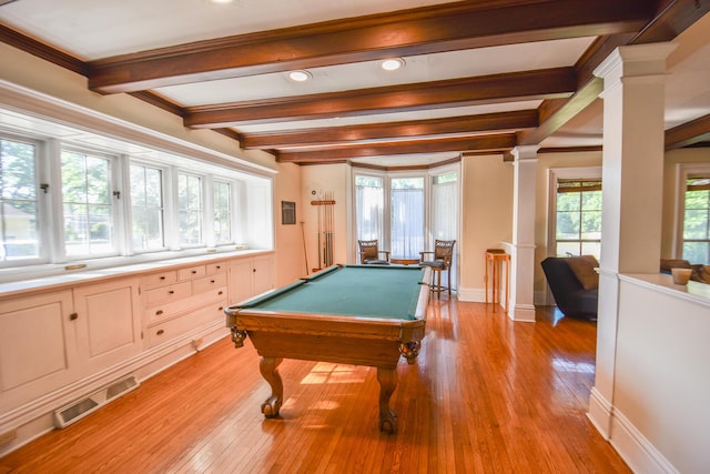 500 W Chicago St, Coldwater, MI 49036 - game room with decorative columns, beamed ceiling, light wood-style flooring, billiards, and recessed lighting