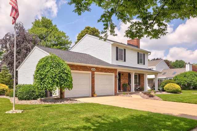 516 Zehnder Dr, Frankenmuth, MI 48734 - view of front of property with covered porch, a garage, a chimney, brick siding, and a front lawn
