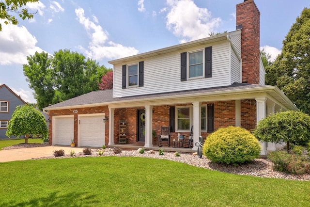 516 Zehnder Dr, Frankenmuth, MI 48734 - view of front facade featuring covered porch, a chimney, brick siding, an attached garage, and concrete driveway