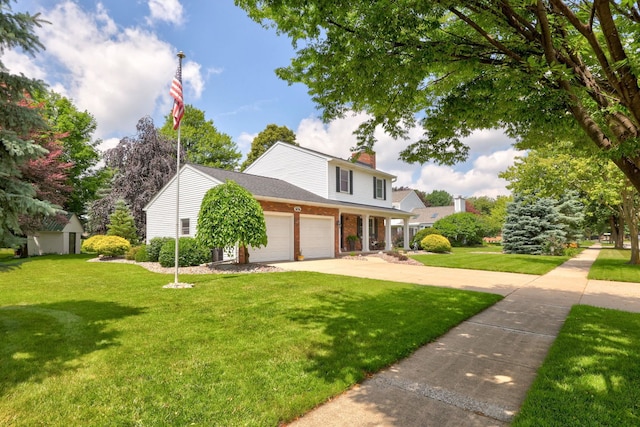 516 Zehnder Dr, Frankenmuth, MI 48734 - traditional home with a chimney, a front lawn, driveway, and brick siding