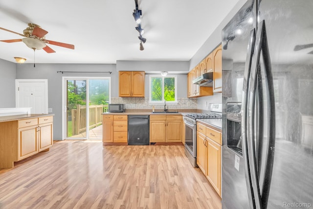 35057 Markey St, Westland, MI 48186 - kitchen with black appliances, under cabinet range hood, light brown cabinetry, light wood-type flooring, and ceiling fan