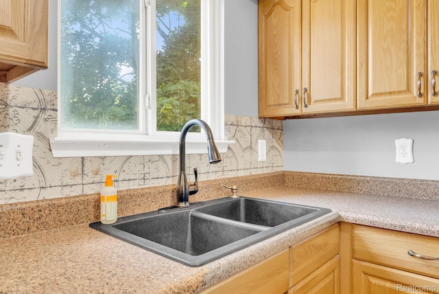 35057 Markey St, Westland, MI 48186 - kitchen with light brown cabinetry, light countertops, and decorative backsplash